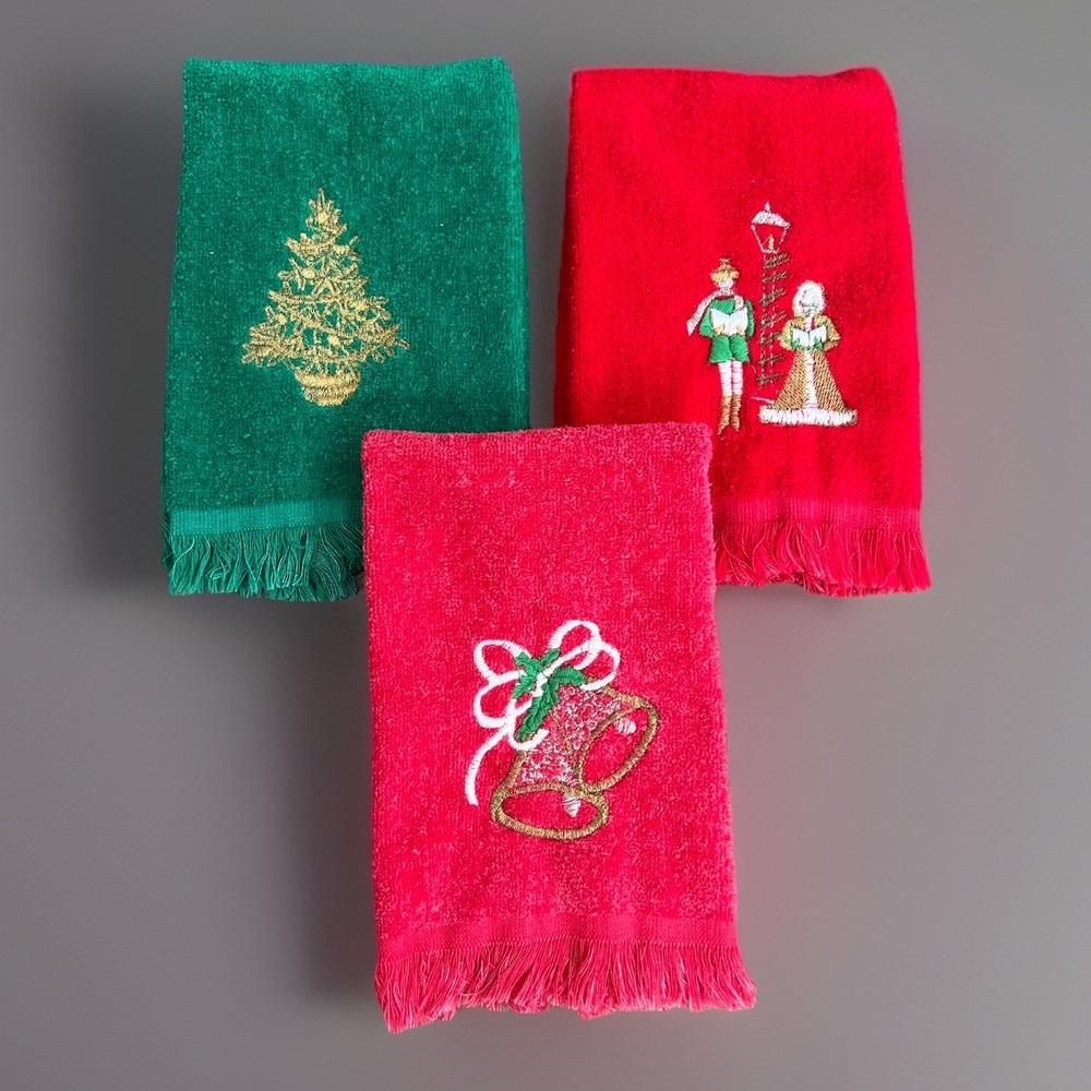 VTG Cannon Green Santa Claus Embroidered Hand Towel Set Of 3 Made In USA - Picture 2 of 11